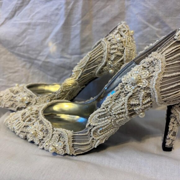 Upcycled One of a Kind Bridal White Ivory Beaded Lace Wedding Heels - Picture 5 of 6